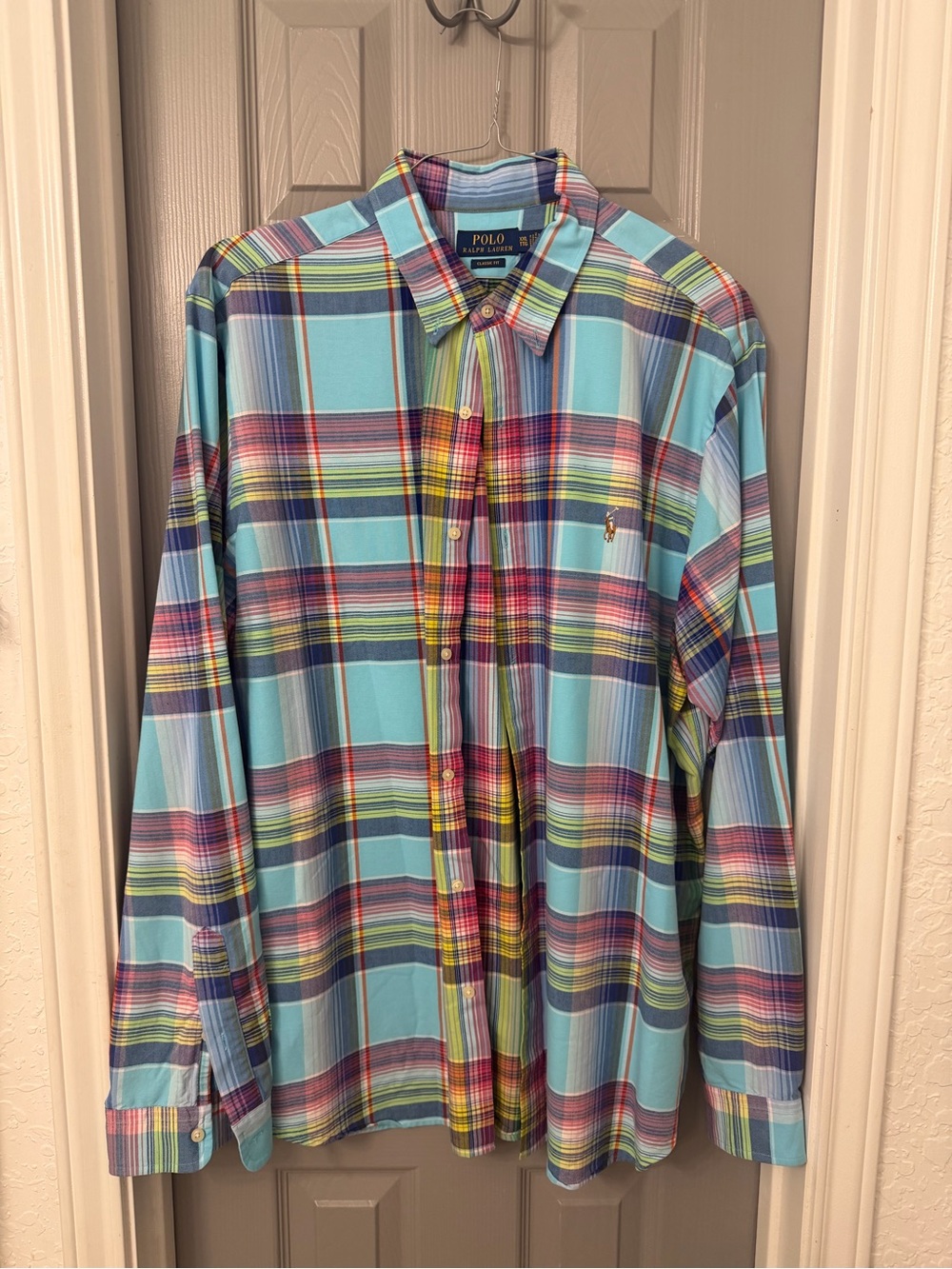Ralph Lauren Men’s Aqua Blue Multi-Color Plaid Button-Down Shirt